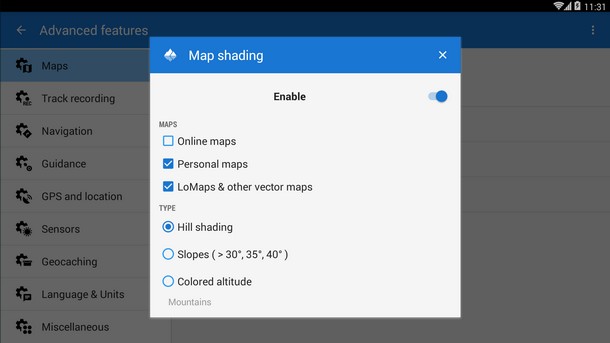 Locus Map - hill shading settings